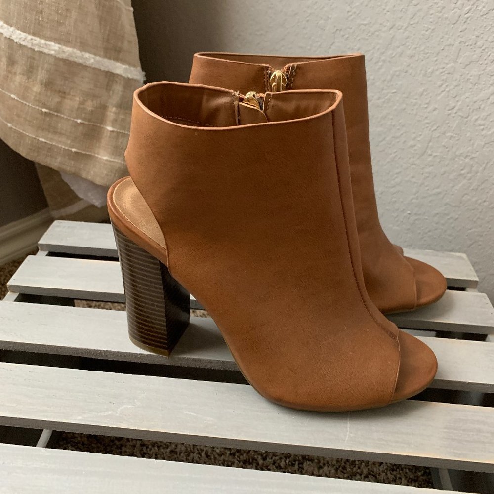 Camel Faux Leather Block Heeled Booties
